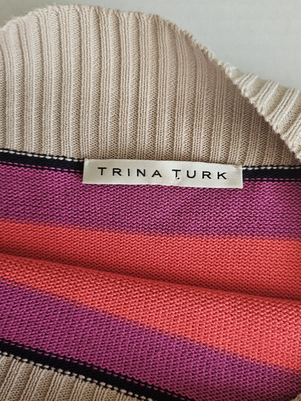 Trina Turk Knit Dress Size 0/XS? Colorblock Salmon Mauve Tan Tie Waist Boatneck - Picture 8 of 12